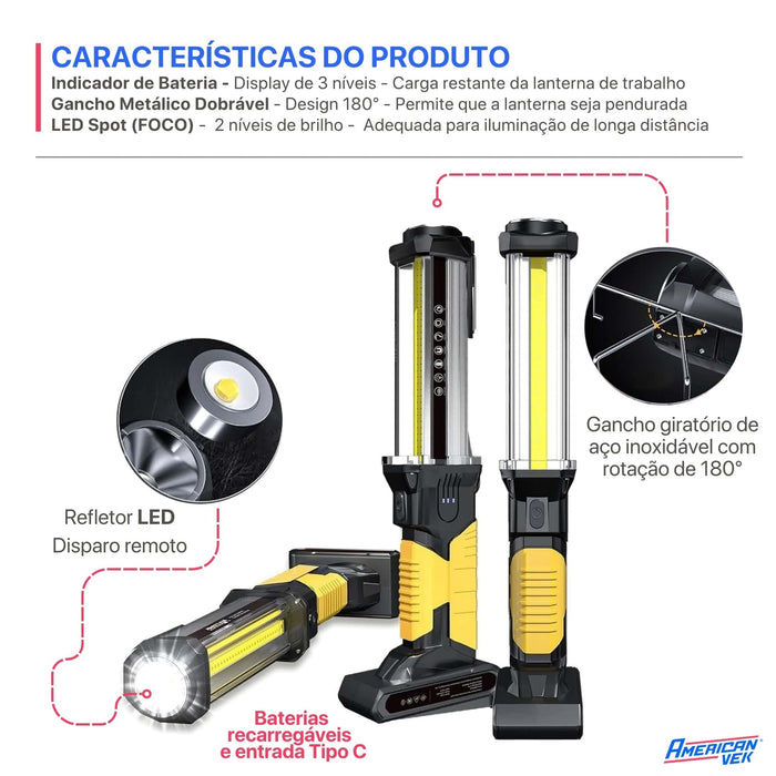Lanterna LED de Trabalho Magnética WARSUN DJ60 1500 Lúmens Recarregável USB-C com Gancho e Power Bank
