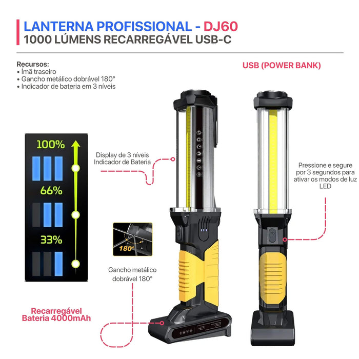 Lanterna LED de Trabalho Magnética WARSUN DJ60 1500 Lúmens Recarregável USB-C com Gancho e Power Bank