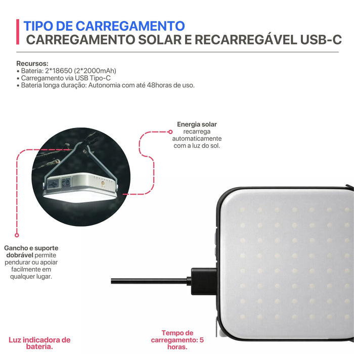 Lanterna Recarregável á Luz Solar com USB-C LED CP36 800 Lumens á prova d'agua
