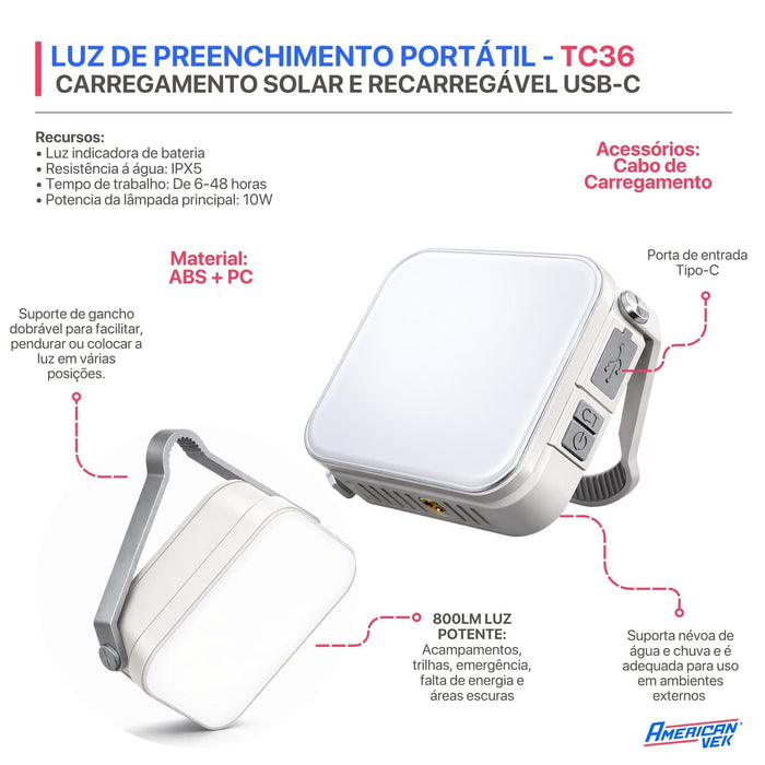 Lanterna Recarregável á Luz Solar com USB-C LED CP36 800 Lumens á prova d'agua