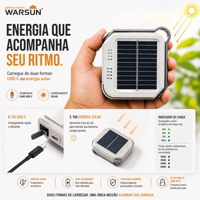 Lanterna Recarregável á Luz Solar com USB-C LED CP36 800 Lumens á prova d'agua