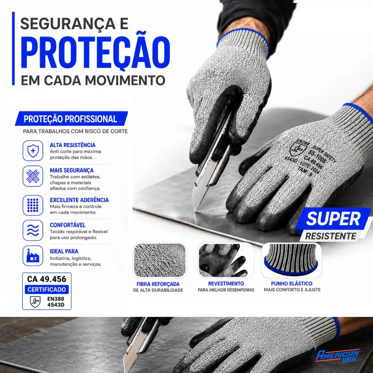 Luva Anticorte Nível 5 SS1008 – Vidro, Chapas, Metal e Lâminas Banho PU | CA32036