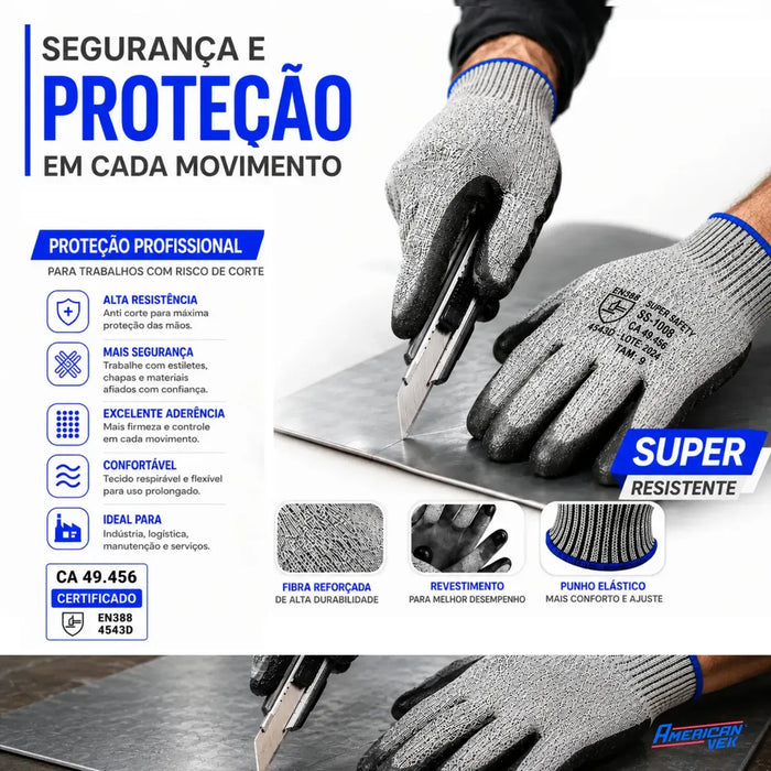 Luva Anticorte Nível 5 SS1008 – Vidro, Chapas, Metal e Lâminas Banho PU | CA32036