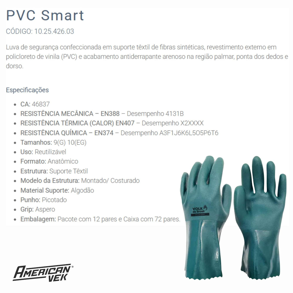 Luva de Segurança PVC Smart 26cm - Volk (06 Pares) | CA37127