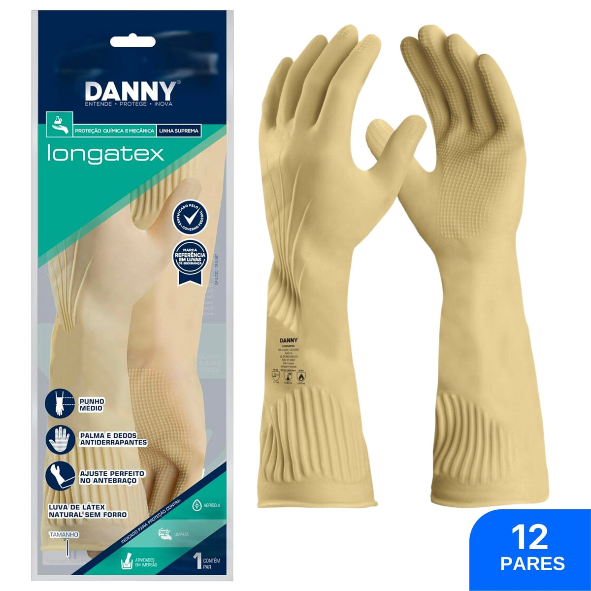 Luva Látex Longatex Borracha Natural DA2020 - Danny (12 Pares