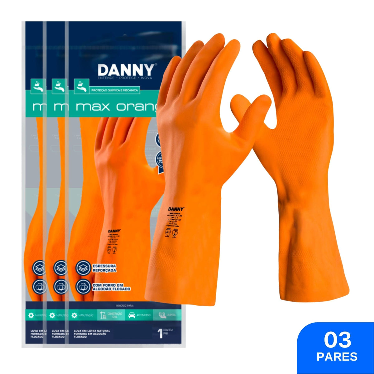 Luva Látex Max Orange Reforçada DA208D - Danny (03 Pares) | CA11286