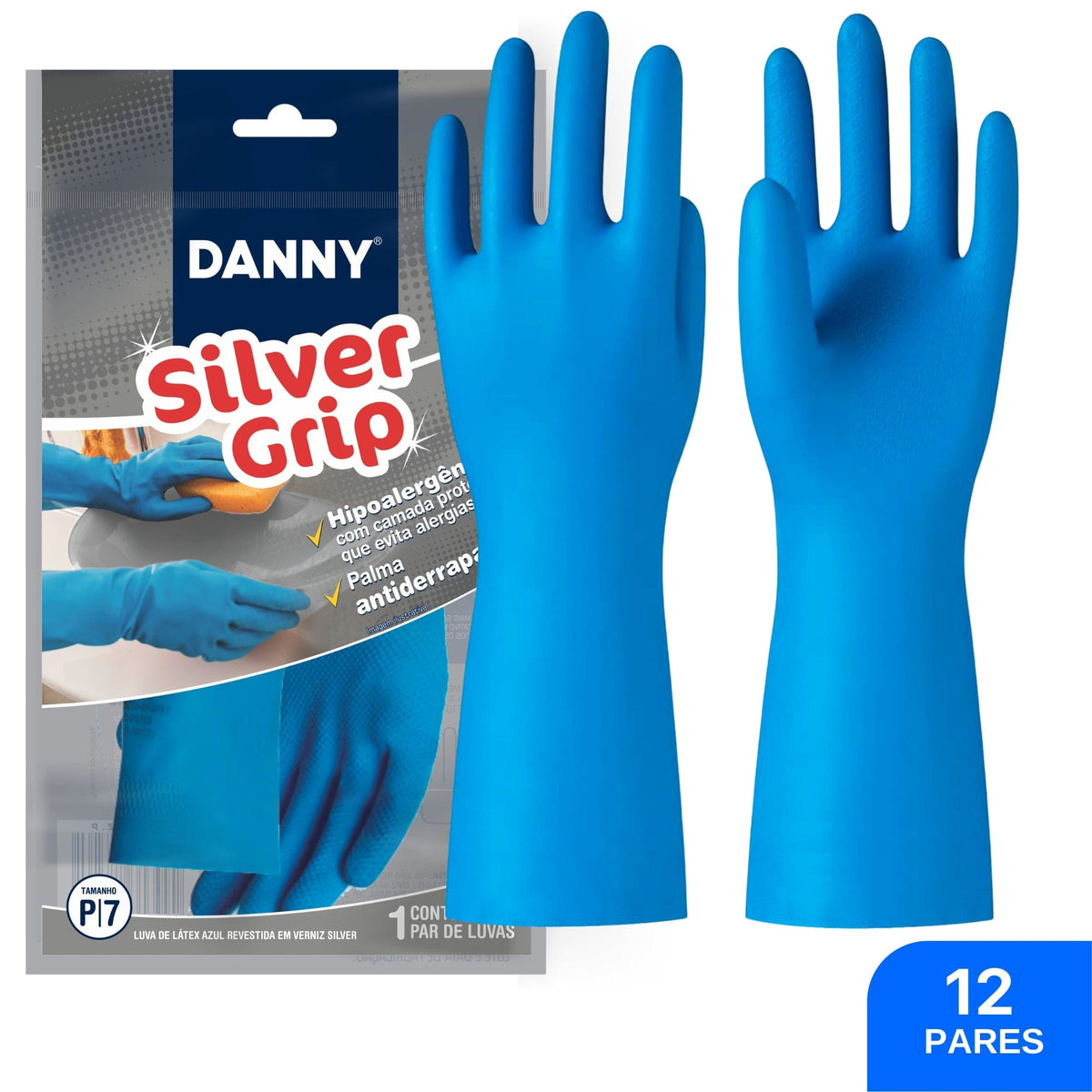 Luva Látex Silver Grip Multiuso DA360 - Danny (12 Pares) | CA40730 P(7) / Azul