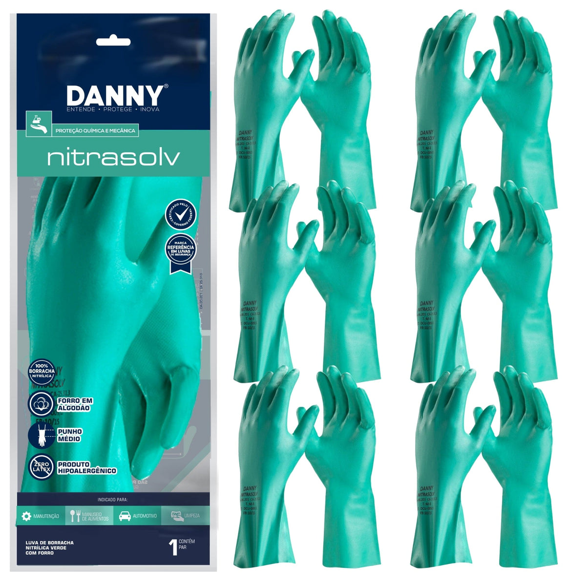 Luva Nitrilica Verde com Forro Nitrasolv DA36201 - Danny (06 Pares) | CA25313