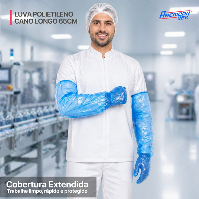 Luva Plástica em Polietileno Azul Cano Longo 65cm com Elástico - 50 Pares