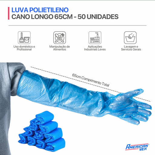 Luva Plástica em Polietileno Azul Cano Longo 65cm com Elástico - 50 Pares