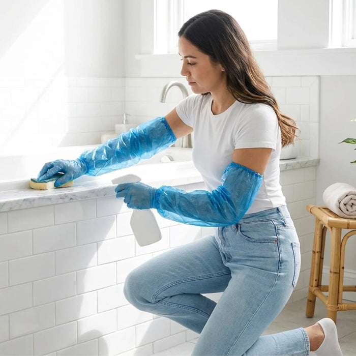 Luva Plástica em Polietileno Azul Cano Longo 65cm com Elástico - 50 Pares