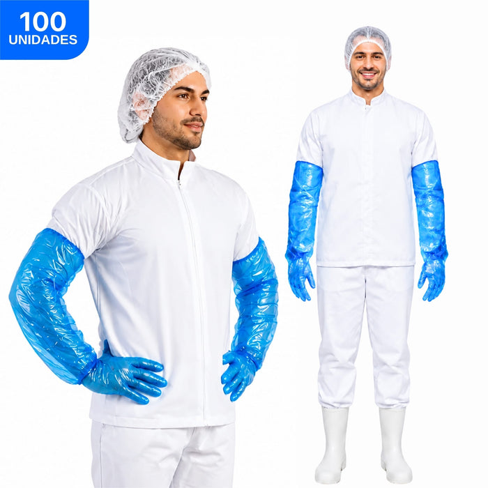 Luva Plástica em Polietileno Azul Cano Longo 65cm com Elástico - 50 Pares