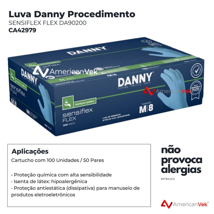 Luva Procedimento Nitrilica Danny Sensiflex Flex DA-90200 CA42979 - 100 Unds