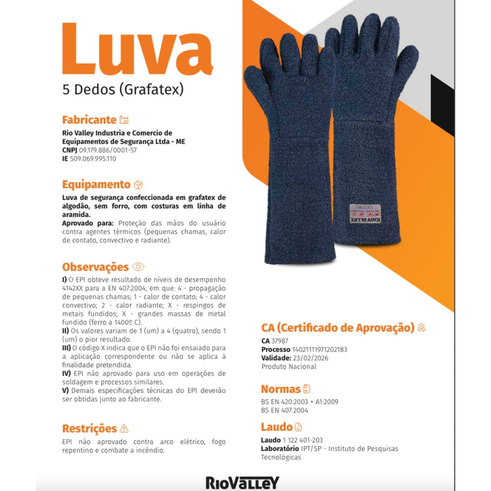 Luva Térmica Cozinha Industrial Grafatex 5 Dedos 45cm RIO228