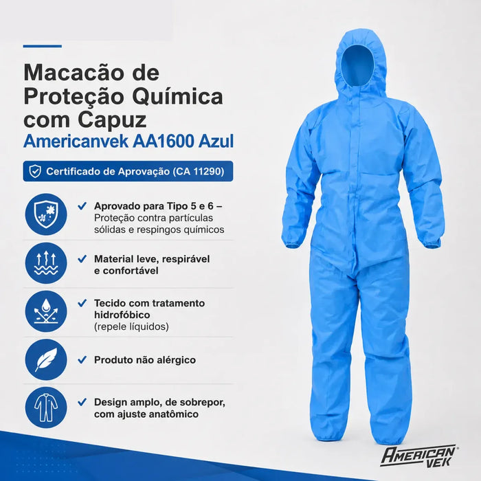 Macacão de Proteção Química com Capuz Americanvek AA1600 Azul - Tipo 5 e 6 - CA11290