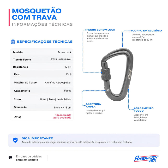 Mosquetão Alumínio Fosco com Trava Rosqueável Screw Lock 12kN – Chaves, Mochila e Organização | Americanvek