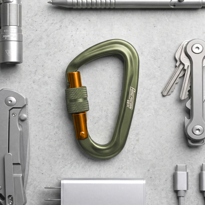 Mosquetão Alumínio Fosco com Trava Rosqueável Screw Lock 12kN – Chaves, Mochila e Organização | Americanvek Verde-Militar-Gold