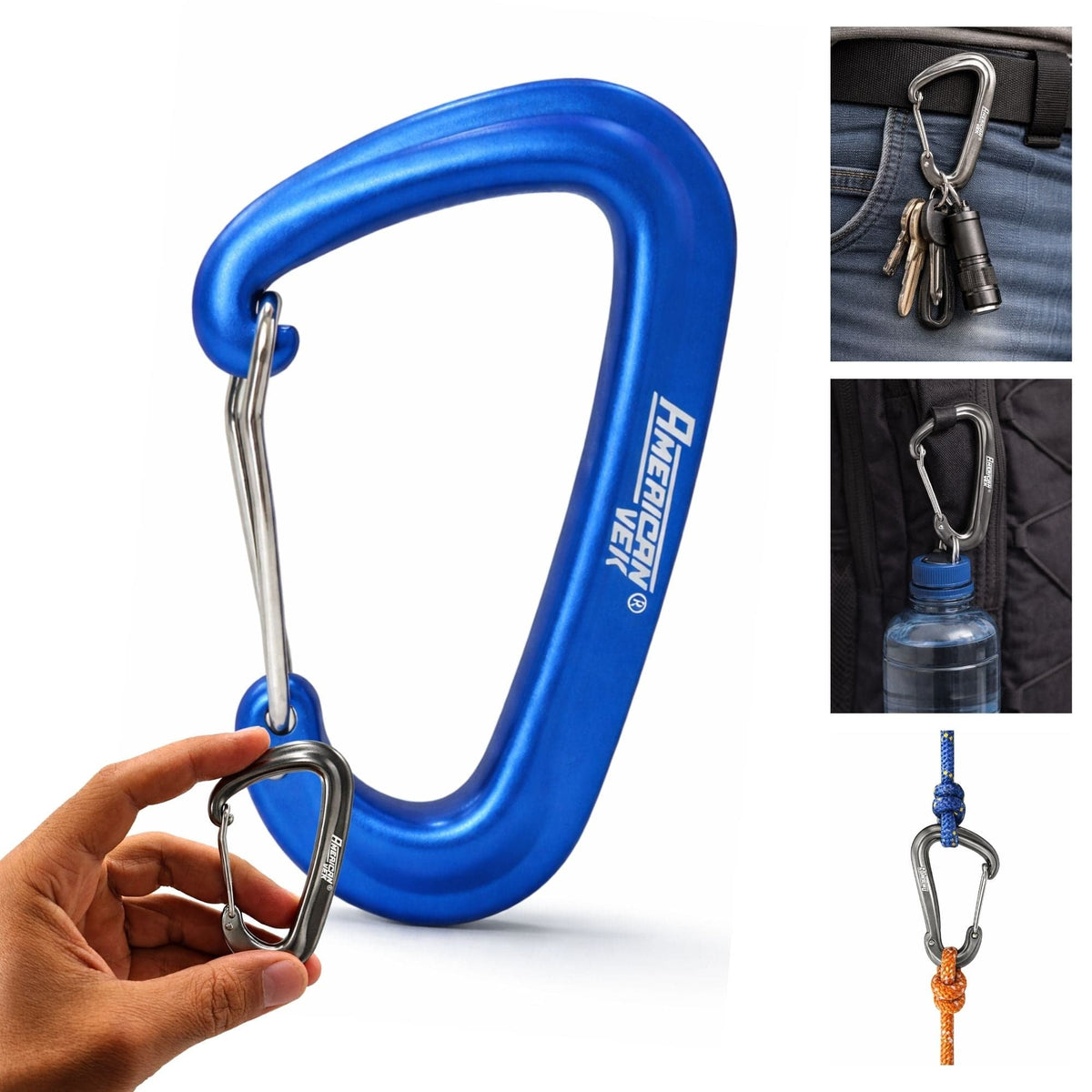 Mosquetão de Alumínio Fosco com Trava 12kN - 80mm - Acessório, Mochilas, Chaveiro Azul-Claro