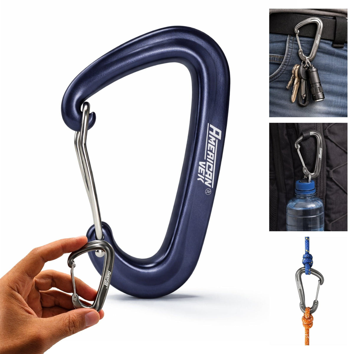 Mosquetão de Alumínio Fosco com Trava 12kN - 80mm - Acessório, Mochilas, Chaveiro Azul-Marinho