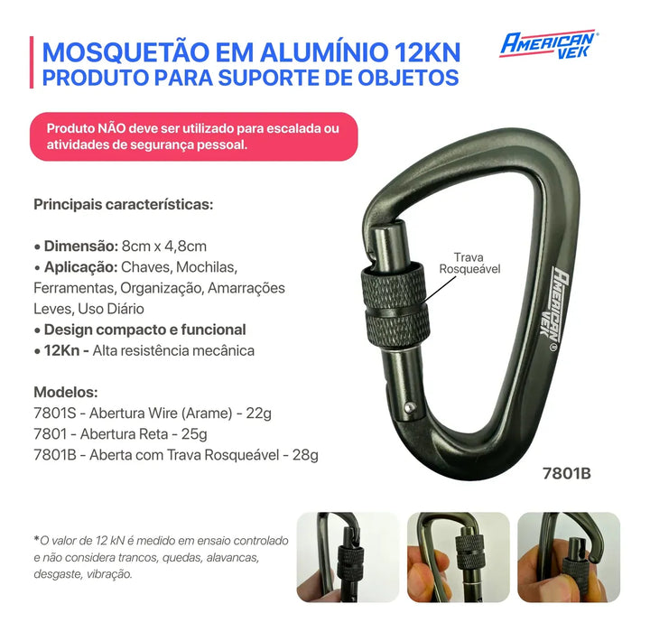 Mosquetão de Alumínio Fosco com Trava Rosca - 80mm - Acessório, Chaves, Mochila Chumbo-Fosco