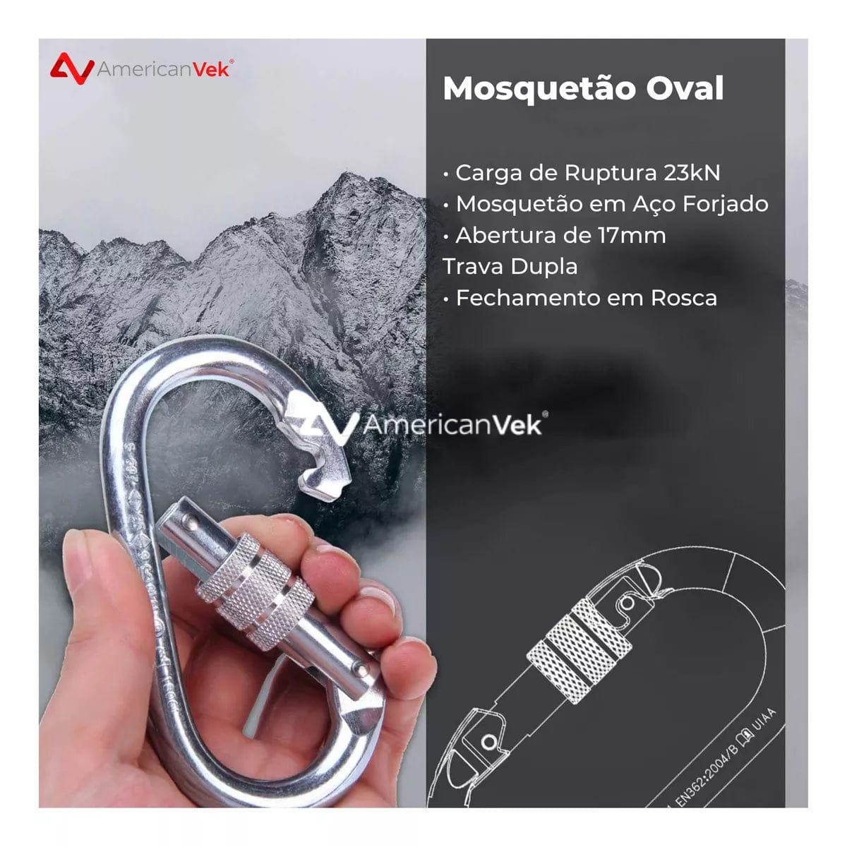Mosquetão Oval Vicsa 17mm Trava Dupla 23kN VIC24300