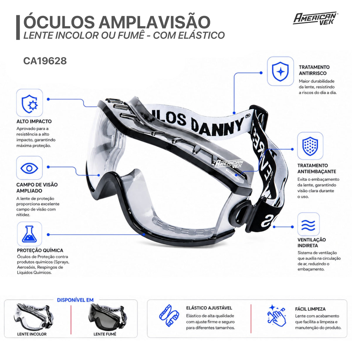 Óculos Ampla Visão Danny Everest CA19628 – Proteção EPI e Esportes | Incolor ou Fumê