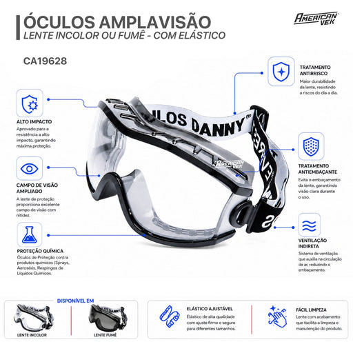 Óculos Ampla Visão Danny Everest CA19628 – Proteção EPI e Esportes | Incolor ou Fumê