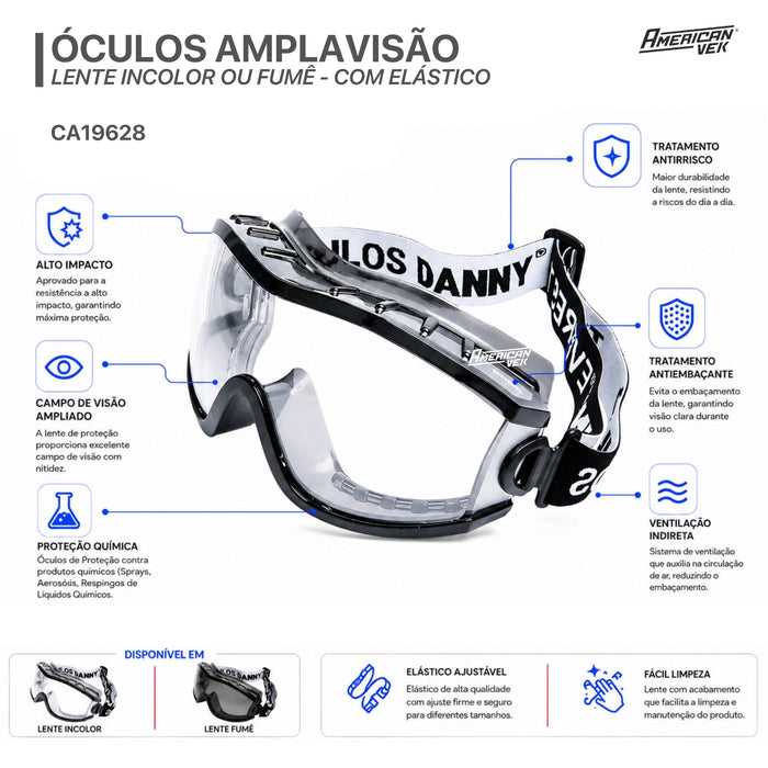 Óculos Ampla Visão Danny Everest CA19628 – Proteção EPI e Esportes | Incolor ou Fumê