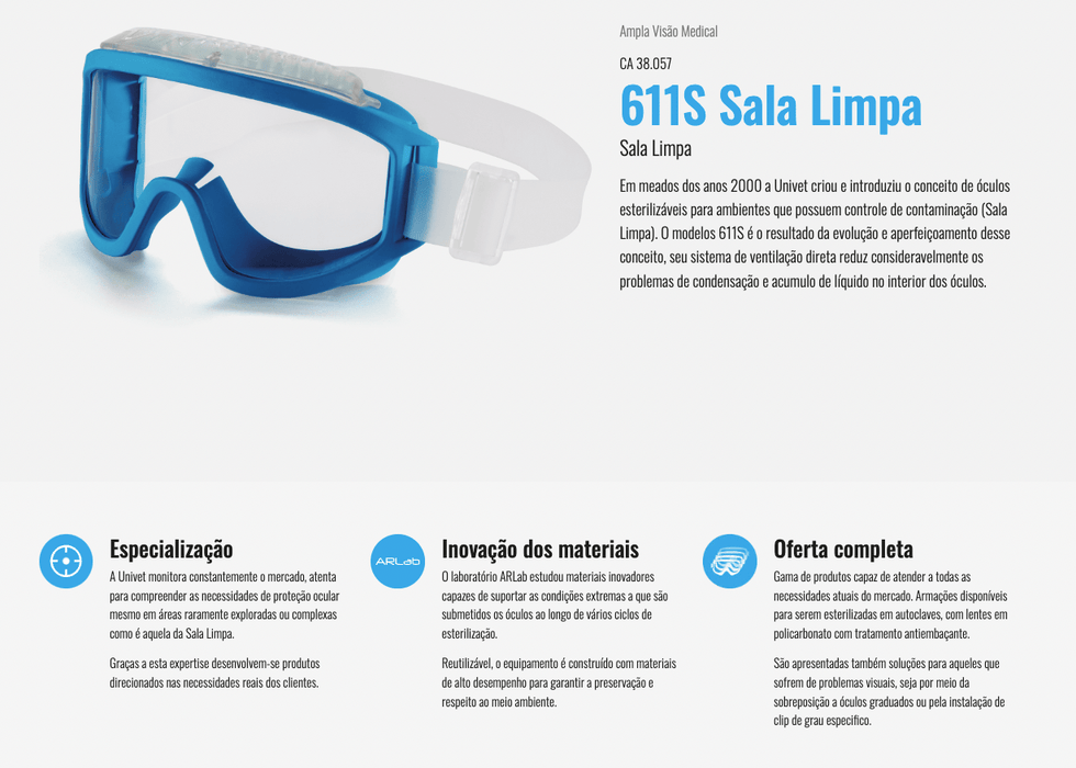 Óculos Amplavisão Esterilizável em Autoclave Univet 611 Para Sala Limpa - CA38057