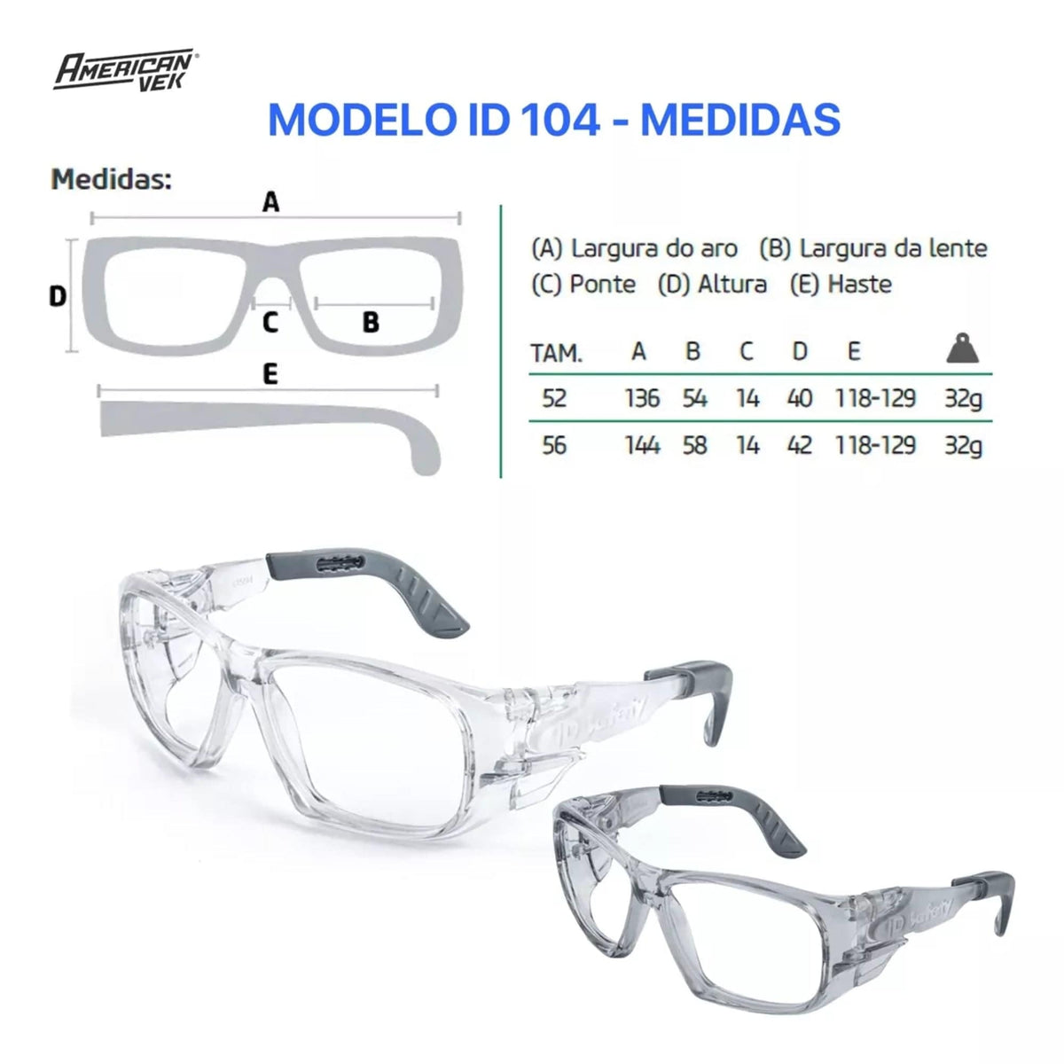 Oculos de Proteção e Segurança Armação para Graduação Modelo IDS 104 - Ultra Resistente e Compacto -