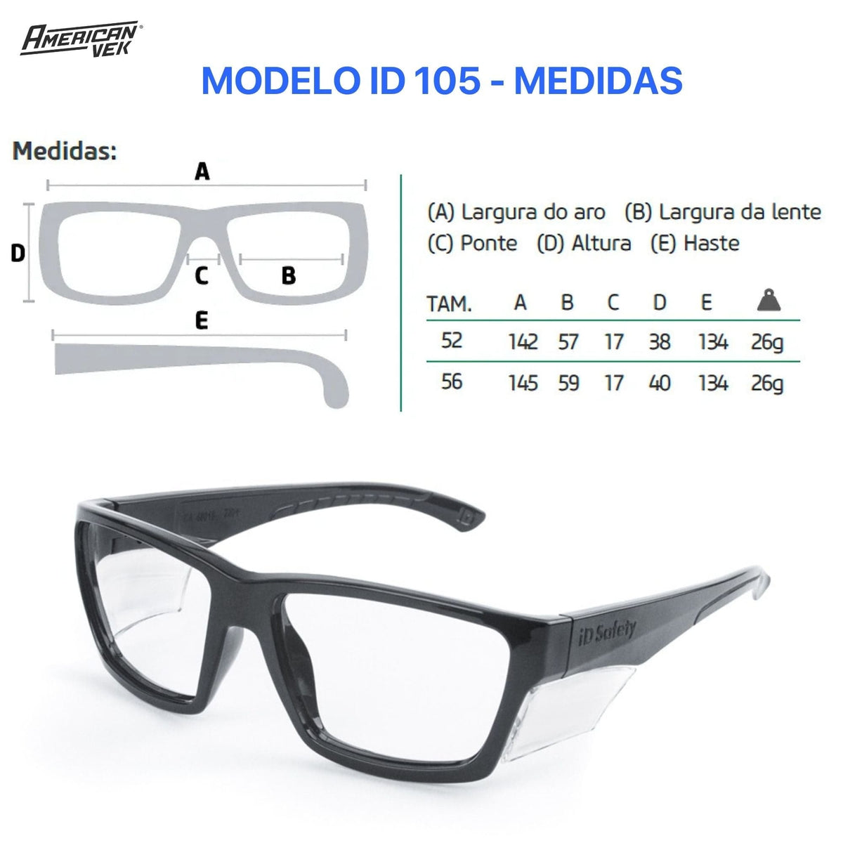Oculos de Proteção e Segurança Armação para Graduação Modelo IDS 105 - Opções de Cores - Ultra Resistente e Compacto