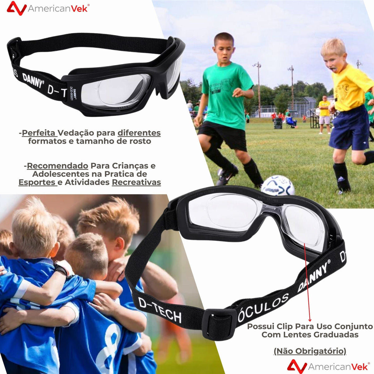 Óculos de Proteção Emborrachado com Clip para Lentes de Grau Danny D-Tech Adultos e Crianças - Trabalho, Esportes, Ciclismo, Futebol, Voley
