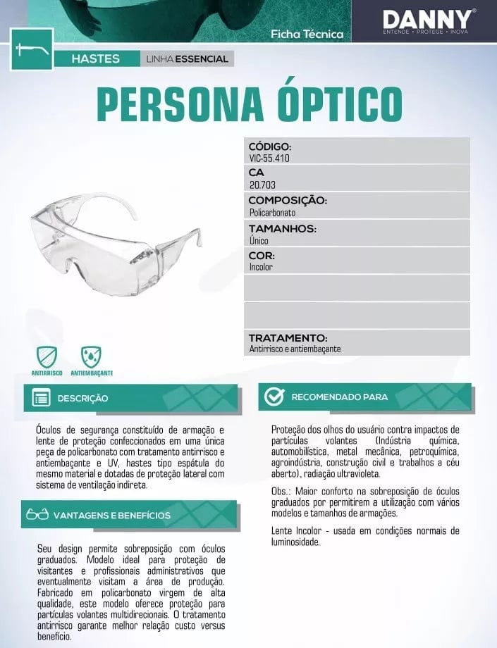 Oculos de Proteção Sobrepor EPI Antirespingo Persona Optico - CA20703