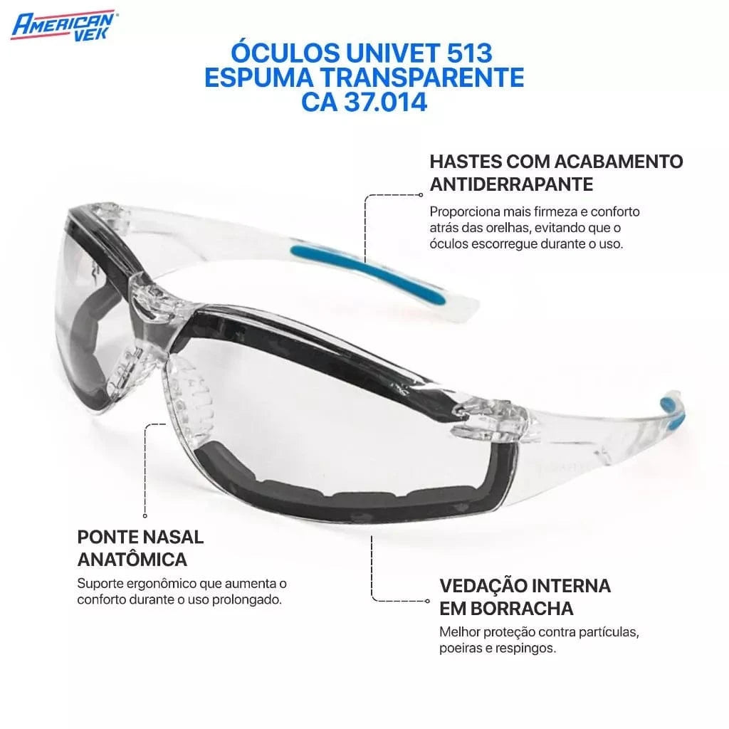 Óculos de Proteção Transparente com Haste Flexível e Vedação Antipoeira 513F - Univet