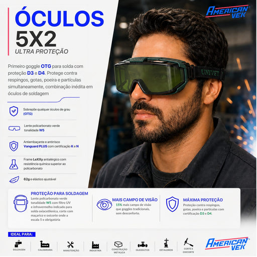 Óculos Goggle Solda Univet 5X2 Lente Verde W5 – Sobrepor Grau | Maçarico e Oxicorte