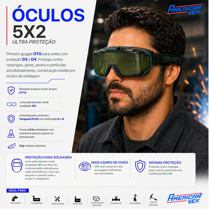 Óculos Goggle Solda Univet 5X2 Lente Verde W5 – Sobrepor Grau | Maçarico e Oxicorte