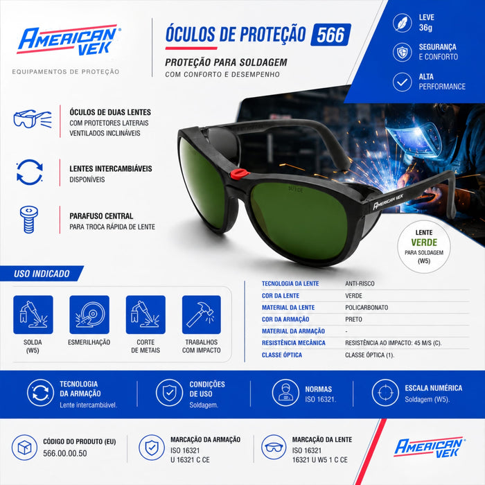 Óculos Soldagem Univet 566 W5 – Maçarico e Brasagem | Lente Intercambiável 36g CA51699
