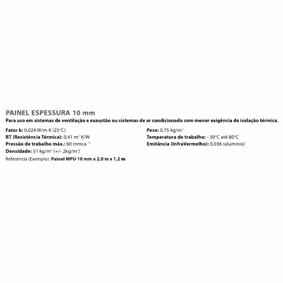 Painel de MPU para Dutos de Ar Condicionado 10mm x 2,0m x 1,2m