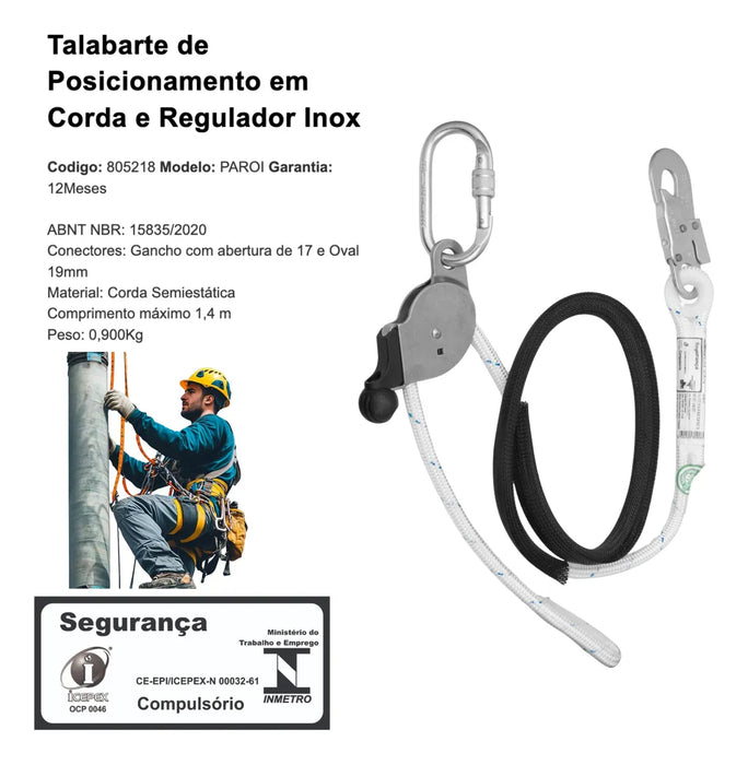Talabarte Posicionamento em Corda e Regulador Inox 805218 PAROI - Facintos