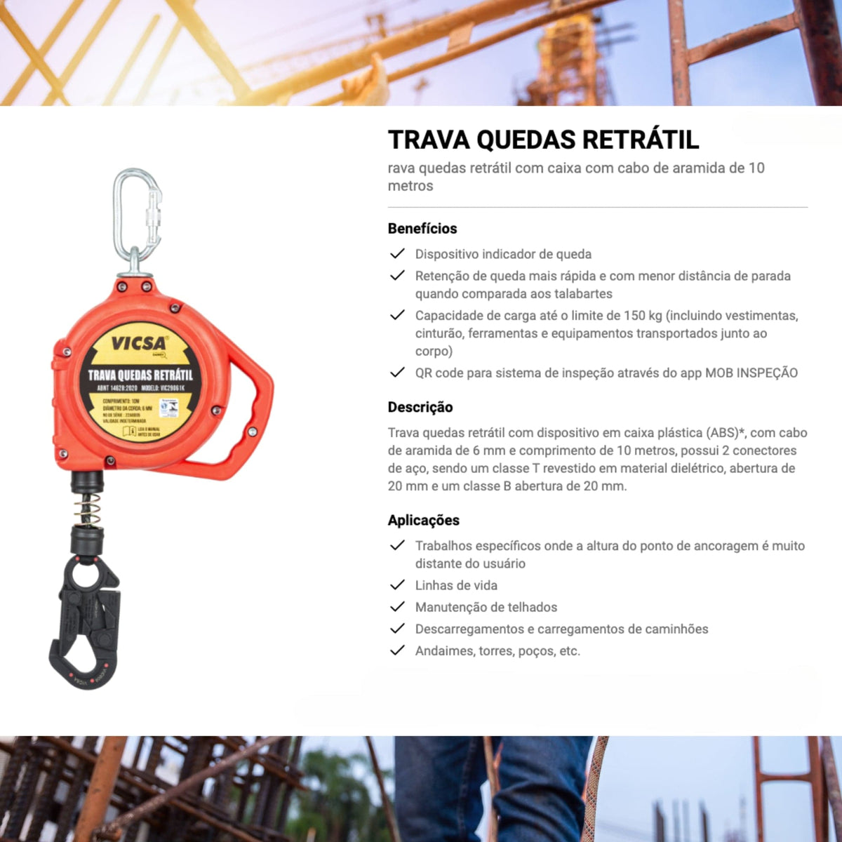 Trava Quedas Retratil Vicsa em Cabo de Aramida 10mts VIC29061K